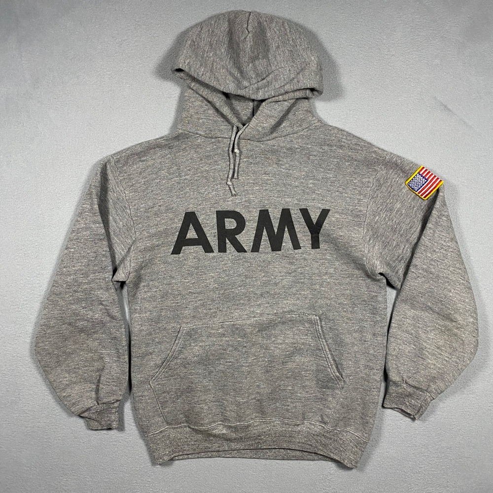 Vintage Russell Athletic Hoodie Mens Medium Gray ARMY US Flag Patch Made in‎ USA